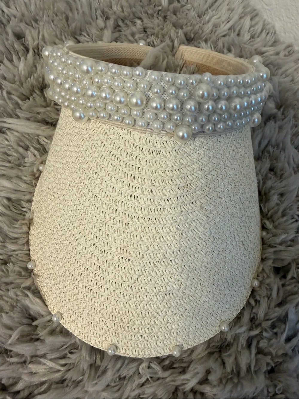 High quality Pearl-Embellished Straw Visor Hat - Cream